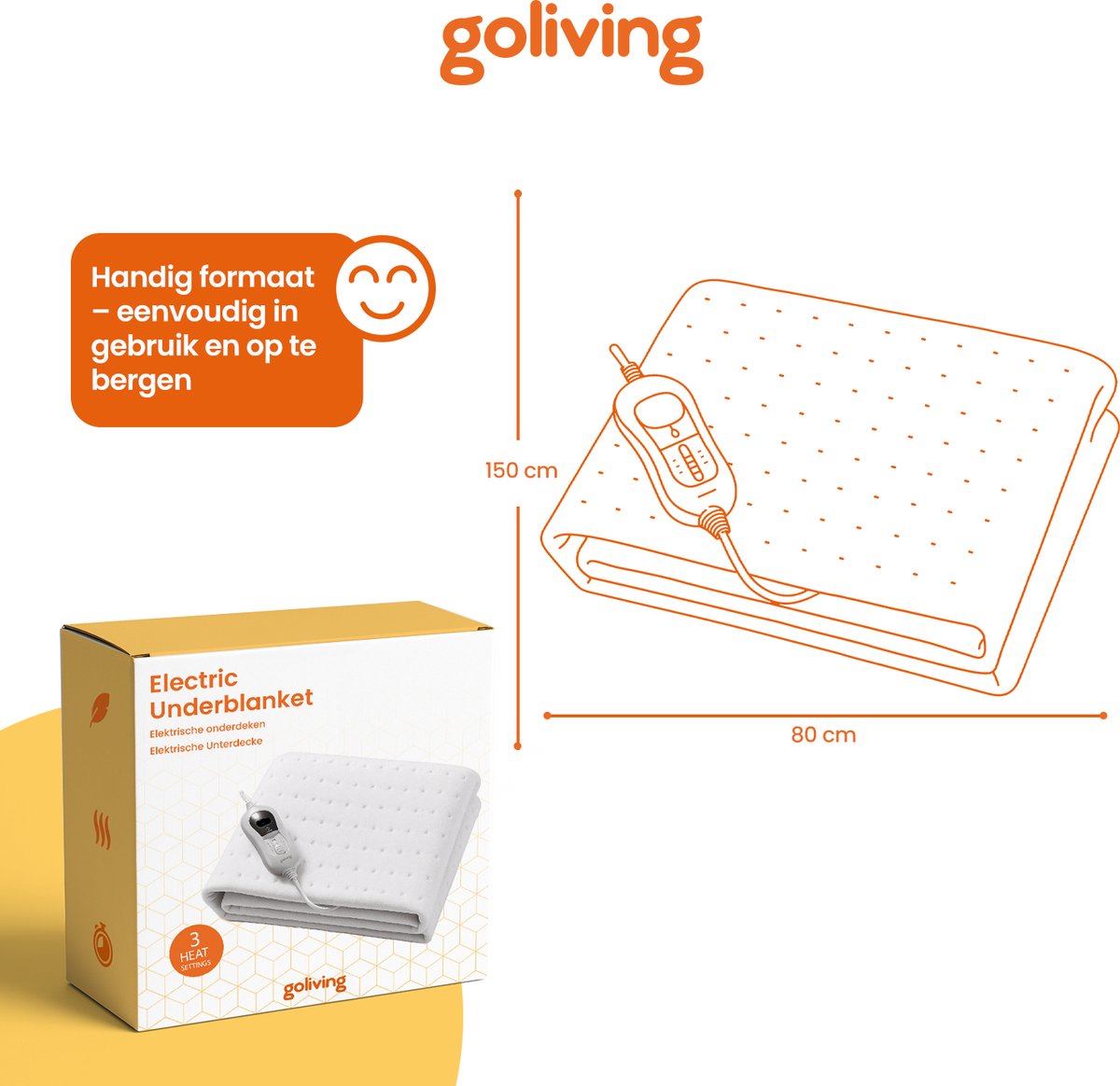 Goliving Elektrische Onderdeken – 1–Persoons – Warmtedeken – Elektrische Deken – 3 Warmtestanden – Timerfunctie – 60 Watt – Polyester – 150 x 80 cm – Wit – foto 3