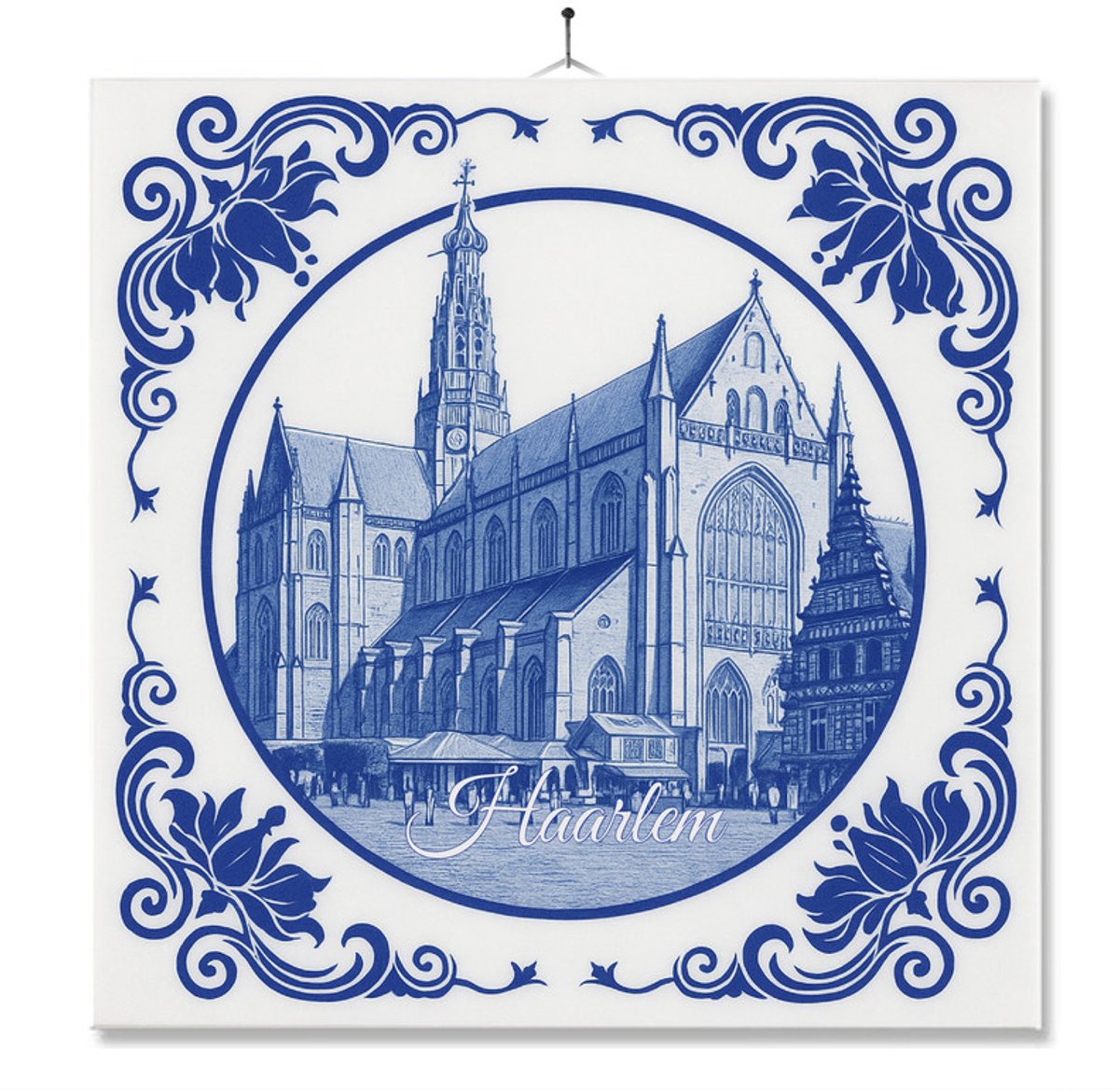 Tegel Met Opdruk | Haarlem | Delft Blauw | Cadeau | Inclusief Geschenkdoos | Standaard | Ophangsysteem