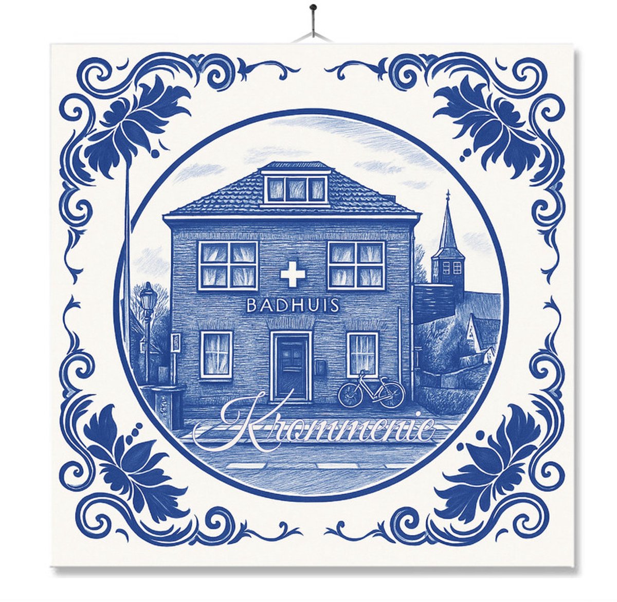 Tegel Met Opdruk | Krommenie | Delft Blauw | Cadeau | Inclusief Geschenkdoos | Standaard | Ophangsysteem
