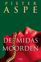 Boekcover van 'De Midas Moorden' met een rode gezicht en een gouden ketting. De tekst 'PIETER ASPE' en 'DE MIDAS MOORDEN' staat erop.