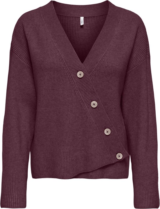 Cardigan tricoté bordeaux avec col en V, fermeture croisée à boutons et côtelée.