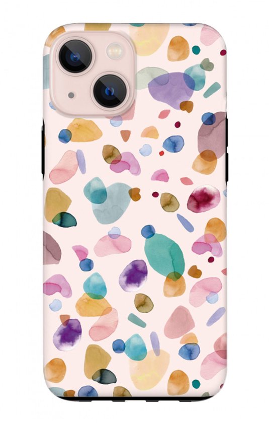 iPhone 13 hoesje met veelkleurig, abstract terrazzo memphis patroon.