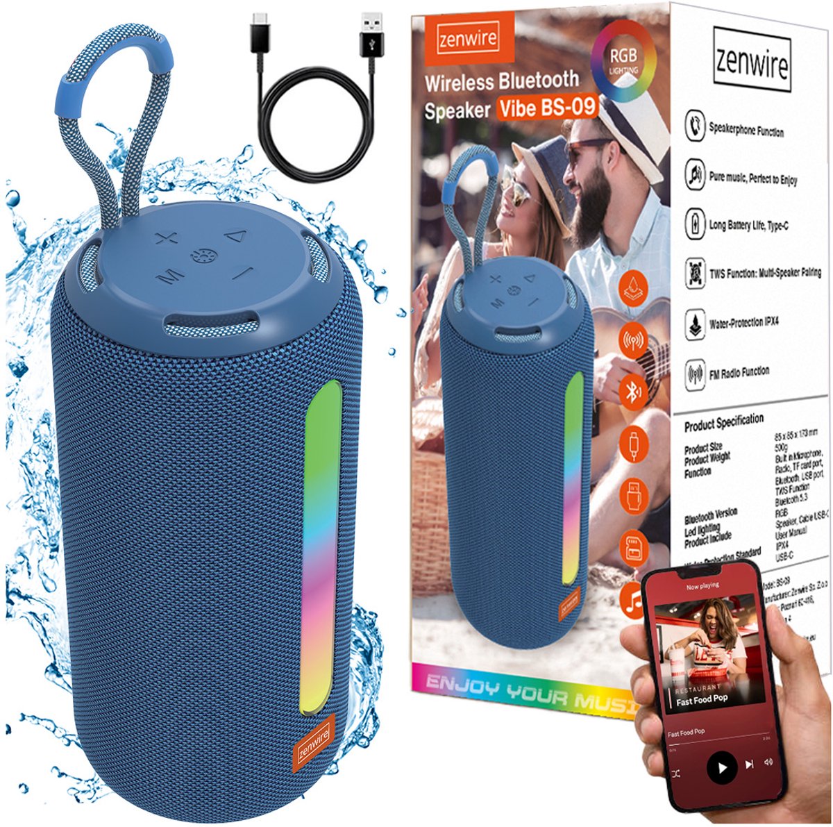 Zenwire Vibe BS-09 - Mini draagbare luidspreker - Bluetooth 5.3 - 26 W met FM-radio - Microfoon - Spatwaterbestendig - IPX4 - TWS - USB-C, - Micro SD-kaartlezer - RGB-achtergrondverlichting - Ingebouwde batterij van 2500 mAh