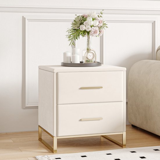 Nachtkastjes Set van 2, Moderne Nachttafel van Velours met 2 laden, Bed Nachtkast, Bijzettafels, voor Slaapkamer, Woonkamer, L40 x H50 cm, Beige