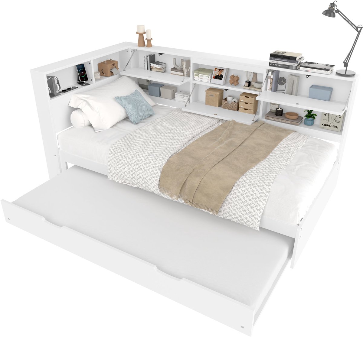 Merax Eenpersoonsbed 90x200 cm met Opbergruimte en Uitschuifbaar Logeerbed 90x190 – Wit