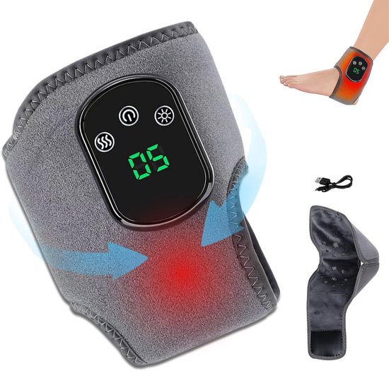 Grijze verwarmde enkelbrace met display '05', USB-kabel en losse brace.