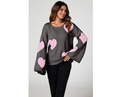 Oversized trui met wijde mouwen en hartjesmotief in donkergrijs