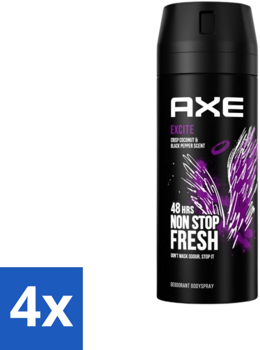 4 x Axe - Deodorant Bodyspray - 48hrs Fresh - Excite - Crisp Coconut & Black Pepper - 150 ml - Deodorant - Deodorant Spray - Axe Excite - Kokosnoot - Zwarte Peper