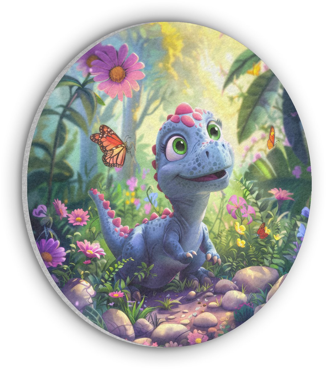 Akoestisch wandpaneel rond 70x70 cm - Vilt schilderij Dino - Paars - Baby - Dinosaurus - Ronde akoestische panelen - Geluidsdempende wanddecoratie - Geluidsisolatie wandcirkel - Muurdecoratie geluidspanelen