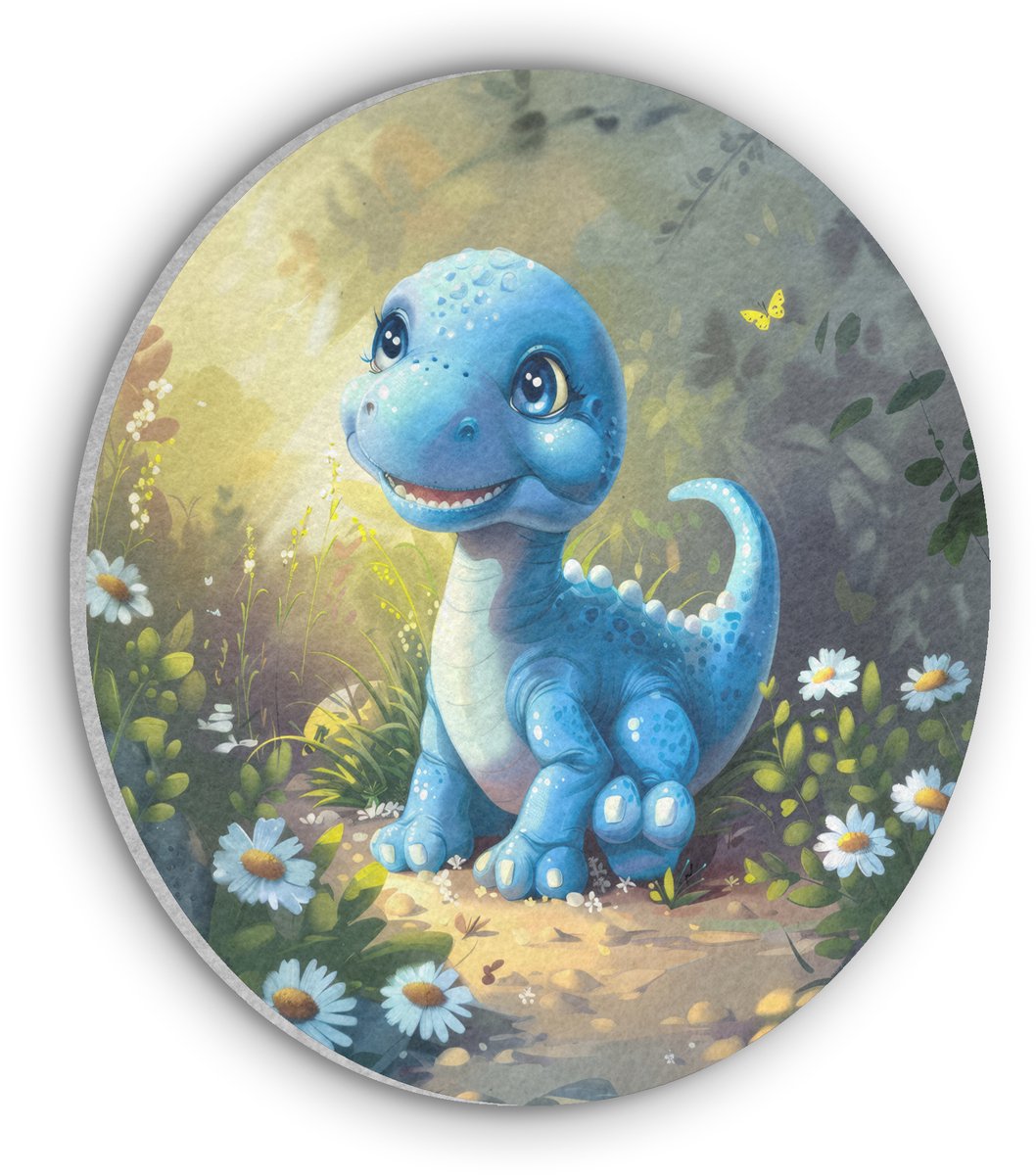 Akoestisch wandpaneel rond 50x50 cm - Vilt schilderij Dino - Blauw - Baby - Dinosaurus - Ronde akoestische panelen - Geluidsdempende wanddecoratie - Geluidsisolatie wandcirkel - Muurdecoratie geluidspanelen