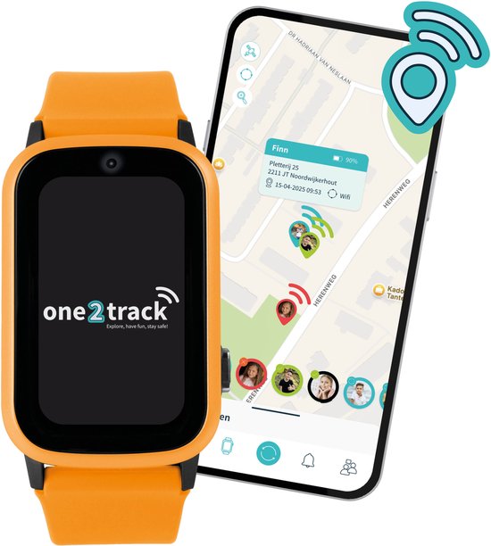 One2track Connect UP oranje | GPS horloge voor kinderen | Bekijk de locatie van je kind. Stel veilige zones in. En videobellen met de leukste smartwatch voor kinderen