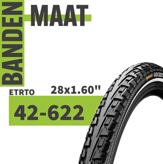 Een fietsband met profiel en tekst 'Maat 28x1.60" ETRTO 42-622'.