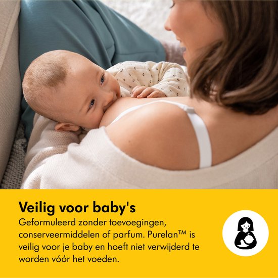 Een vrouw met blonde haren voedt een baby. De tekst 'Veilig voor baby's' staat op de voorgrond.