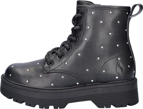 Zwarte Skechers laars met zilveren studs, veters en rits, logo op de zijkant, andere kant