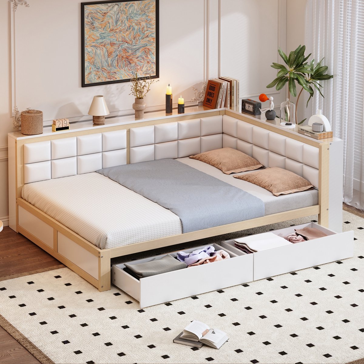 Sweiko Slaapbank - 140 x 200 cm - 2 lades - Gestoffeerd houten bedframe - Wit + Natuurlijke