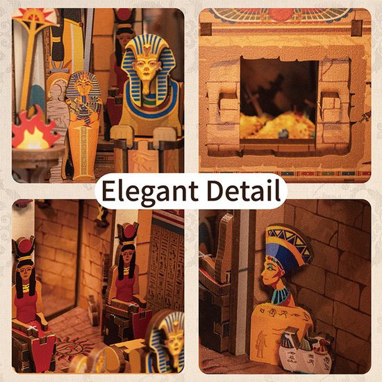 Collage van de Egyptische 3D-puzzel: Farao, sarcofaag, Nefertiti, tempelinterieur en details.