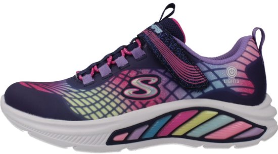 Paarse sneaker met regenboogprint, glitter, lichtjes en klittenbandsluiting.