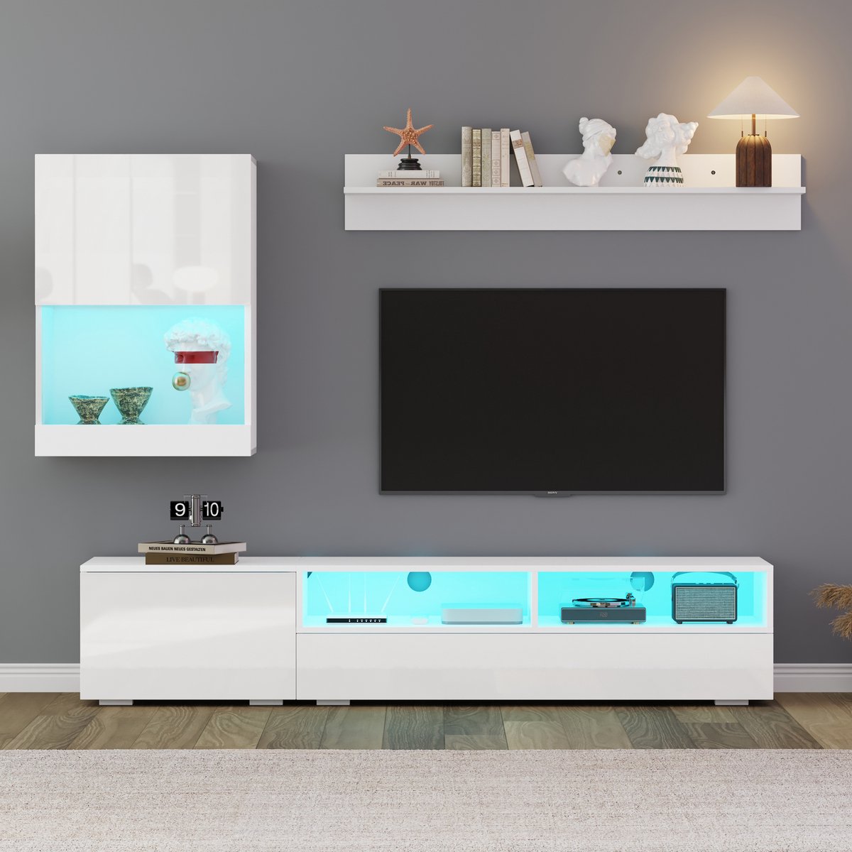 PHOEBE CAT TV-meubel set - 175 x 39 x 34 cm - Met vitrinekast - Wandplanken - LED-verlichting - Hoogglans - Wit