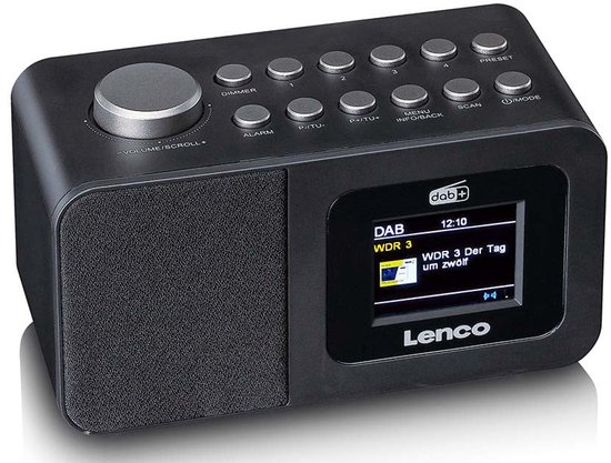 Zwarte Lenco wekkerradio met dab+ scherm, antenne en bedieningsknoppen.