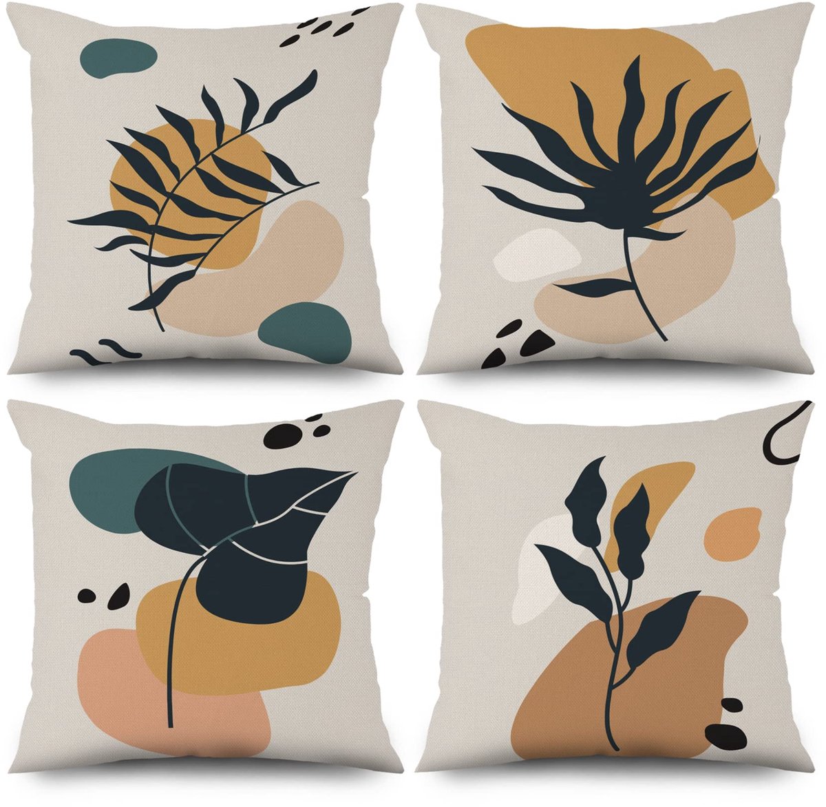 Ibenzoa Set van 4 Boho Kussenslopen met Moderne Kunst en Bladpatronen verschillende kleuren