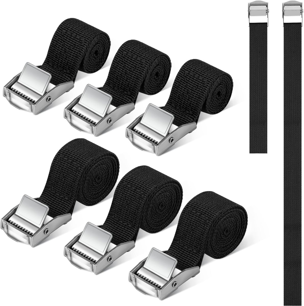 6 stuks Spanbanden - Met ratel - Voor ladingzekering - Zwart - 0,5 meter en 1 meter