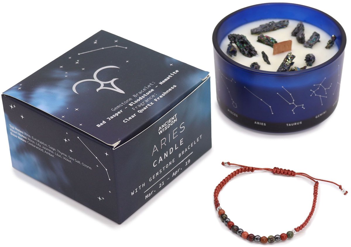 Ancient Wisdom Zodiac kristallen kaars met edelsteen armband - ram - sterrenbeeld kaars - aries