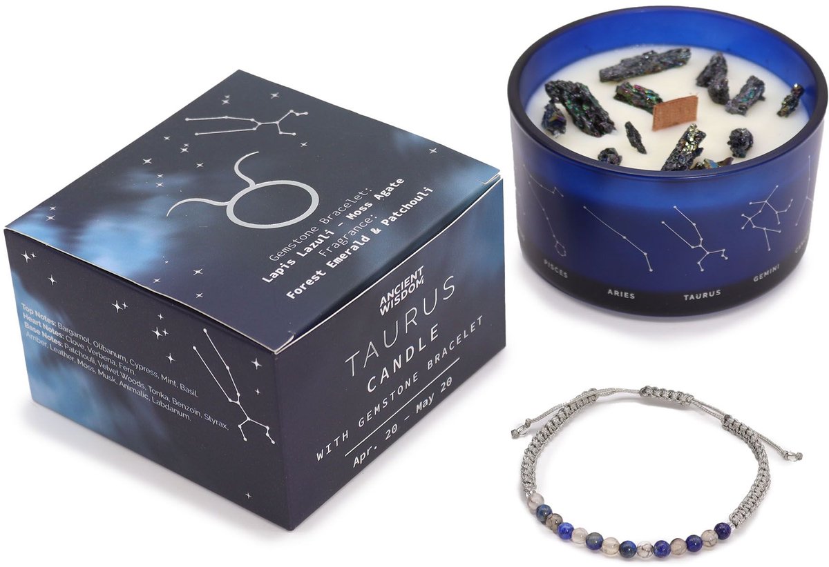Ancient Wisdom Zodiac kristallen kaars met edelsteen armband - stier - sterrenbeeld kaars - taurus