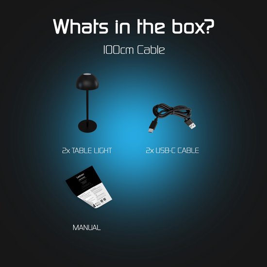 Contenu de la boîte : deux lampes de table noires, deux câbles USB-C et un manuel.