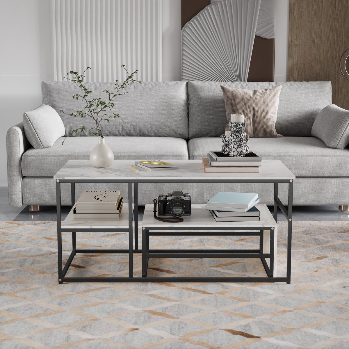 Salontafels Set van 2, Bijzettafels, Marmerlook met Metalen Frame en Plank, Rechthoekige Salontafel, Woonkamertafel, Banktafel voor Woonkamer, Slaapkamer (Wit + Zwart Kader)