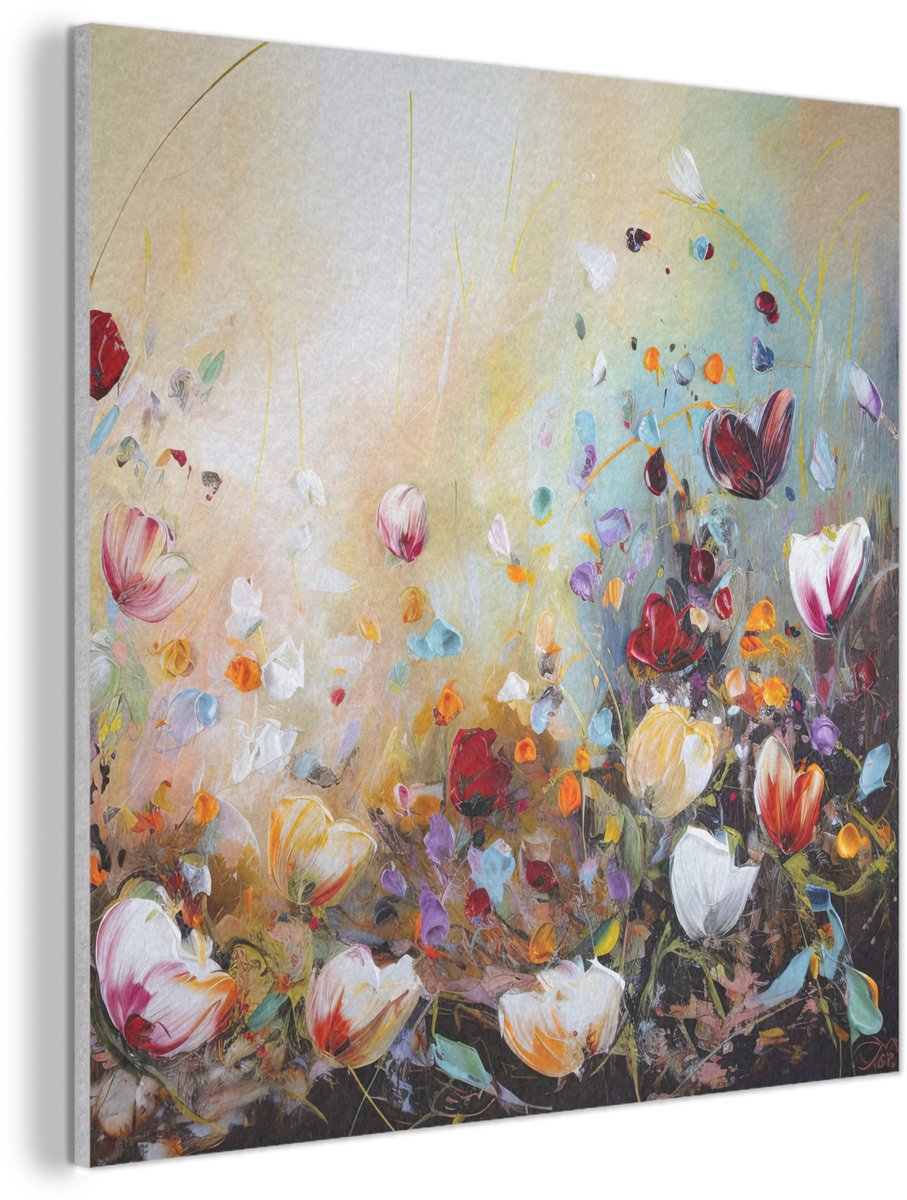 Akoestisch wandpaneel 90x90 cm - Vilt schilderij Olieverf - Bloemen - Kleurrijk - Natuur - Akoestische panelen - Geluidsdempende wanddecoratie - Geluidsisolatie woonkamer - Muurdecoratie geluidspanelen
