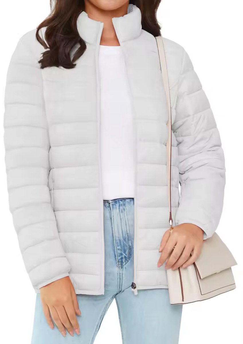 Aansluitende Dames Puffer Jas - Lang - Dons - Grijs - Wit - Mode - Maat S