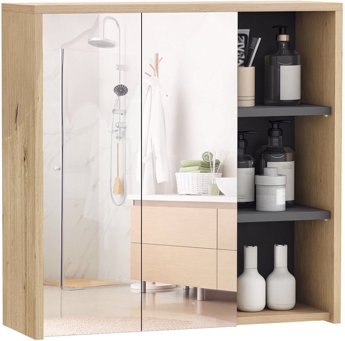 HOMCOM-Spiegelkast-MDF-60x20x60cm-Natuurlijk hout