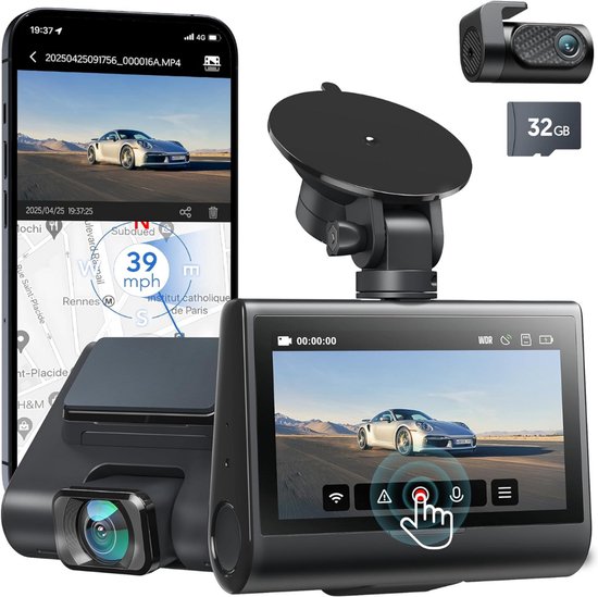 4K dashcam auto voor en achter, autocamera met SD-kaart
