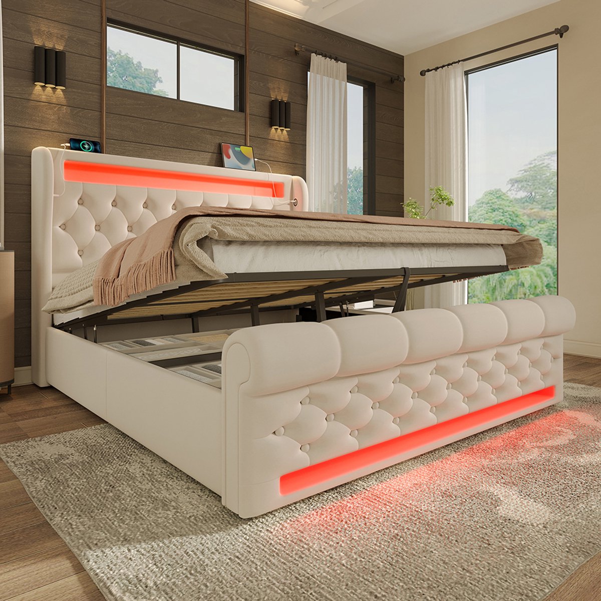 Komhtom Modern gestoffeerd tweepersoonsbed 140 x 200 cm, gestoffeerd bed met ledverlichting, hoofdeinde met opbergruimte en USB- en Type-C-poorten, bed met hydraulische opbergruimte, beige, fluweel (zonder matras)