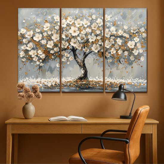 Ensemble de peintures sur toile 120x80 cm - Décoration murale triptyque - Arbre - Abstrait - Wit - Fleur - Décoration murale salon - Décoration chambre - Accessoires chambre - Peintures sur toile