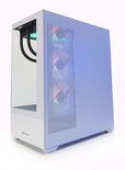 Zijaanzicht van een witte computerkast met glazen frontpaneel en geperforeerde zijde met ventilatoren.