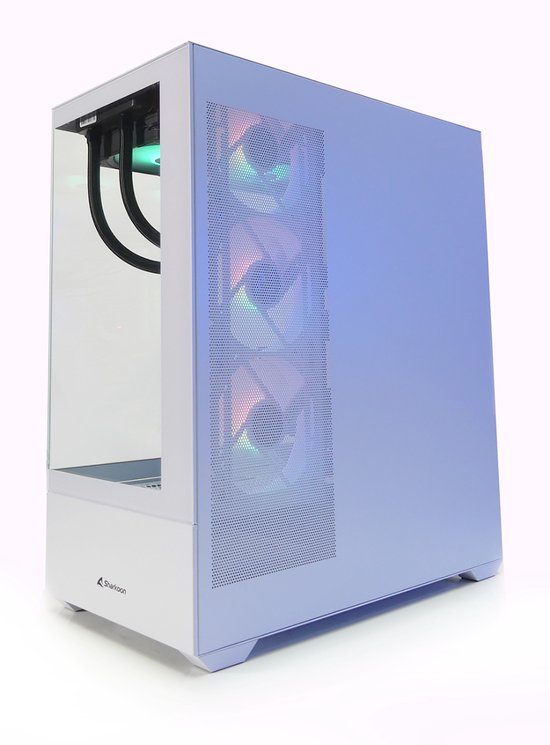 Zijaanzicht van een witte computerkast met glazen frontpaneel en geperforeerde zijde met ventilatoren.