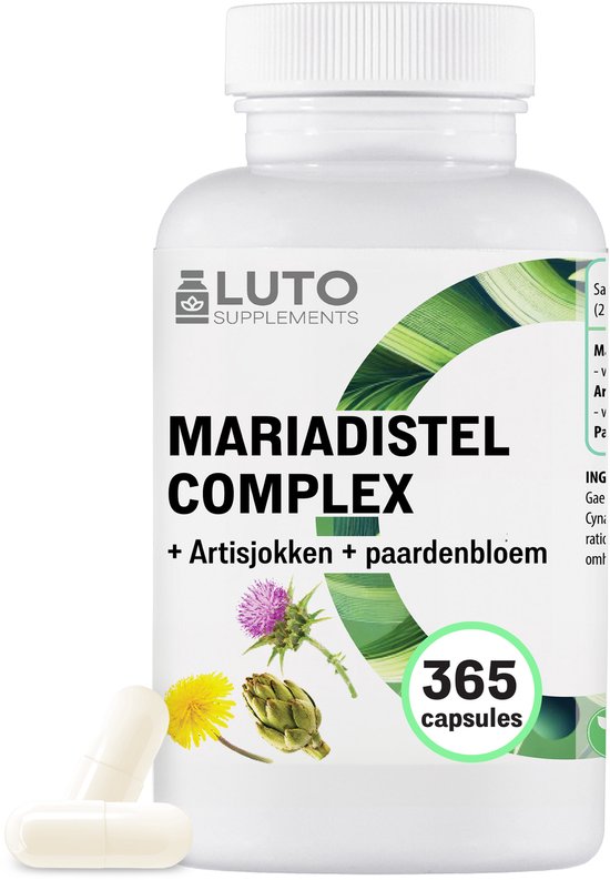 Mariadistel artisjok paardenbloem complex - 365 capsules (6 maandvoorraad) - hoge dosering met 80% silymarine & 2,5% cynarine - laboratoriumgetest - veganistisch - LUTO Supplements
