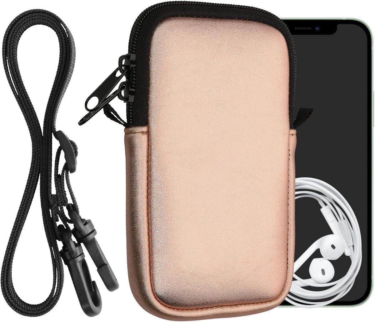 Neopreen Smartphone Tasje M - 5,5" - Hoesje in Metallic Roségoud met Nekkoord