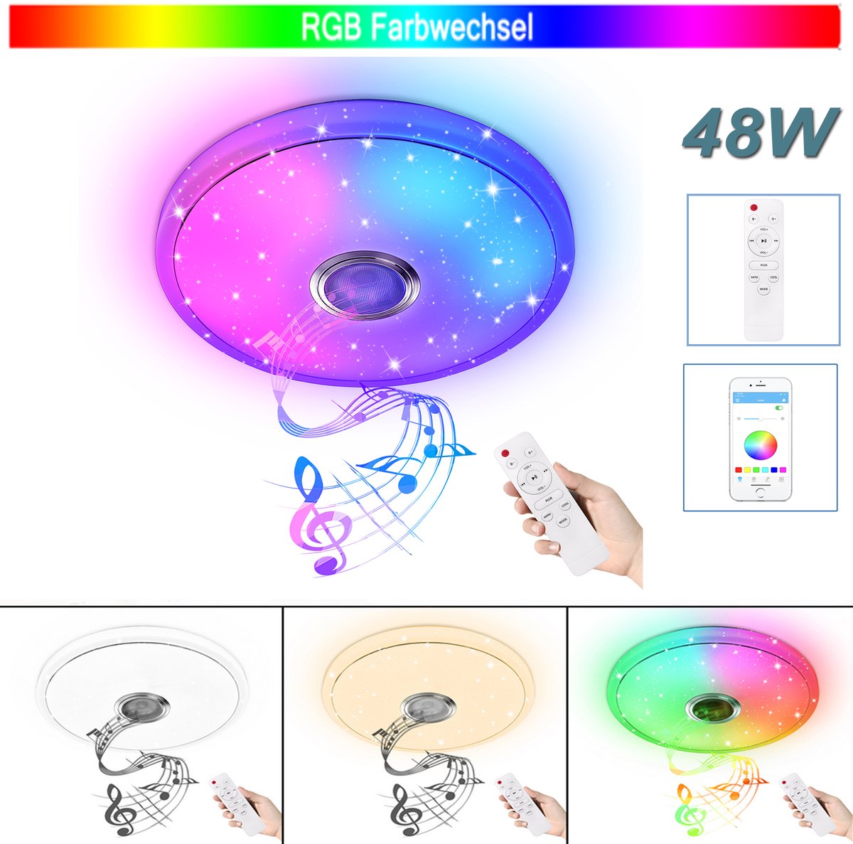 48W Dimmbare LED Deckenleuchte Met Bluetooth-Lautspreker, Sternenhimmel Deckenlampe Met RGB-Kleurverandering, Bestuurbaar Via Fernbediening Of App, Geschikt Voor Muziekafspelen In Slaapkamer En Kinderkamer