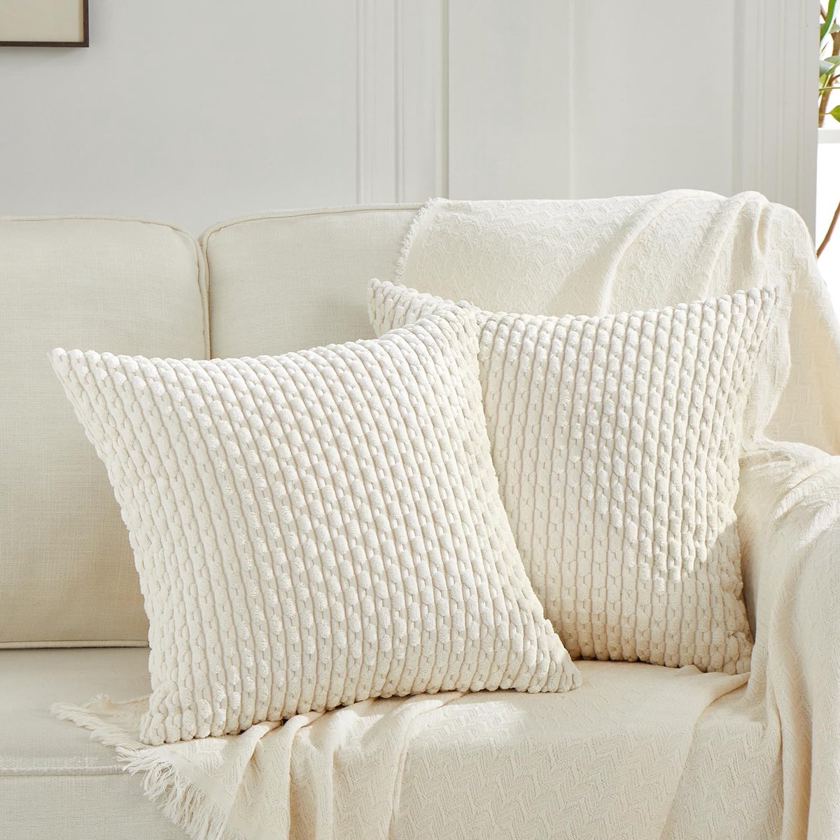Azomor® Set van 2 zachte kussenhoezen in crèmekleurig ribfluweel voor een stijlvol interieur