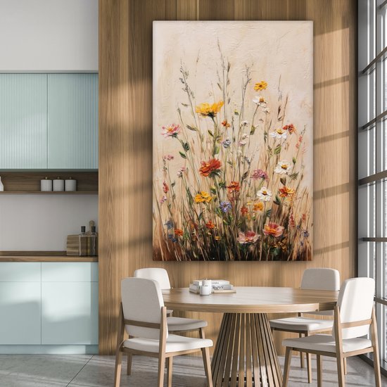 Canvas schilderij 120x180 cm - Exclusieve wanddecoratie Wilde bloemen - Penseelstreken - Rustgevend - Muurdecoratie woonkamer - Slaapkamer decoratie - Kamer accessoires - Schilderijen op canvas