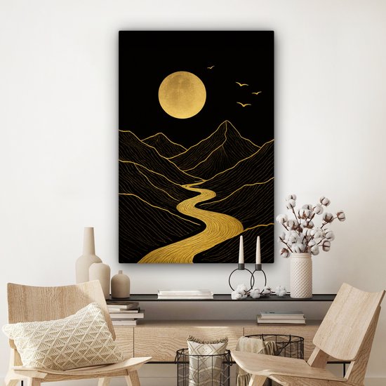 Tableau sur toile 80x120 cm - Décoration murale exclusive Rivière - Or - Lune - Vogels - Décoration murale murale salon - Décoration chambre - Accessoires de décoration - Peintures sur toile