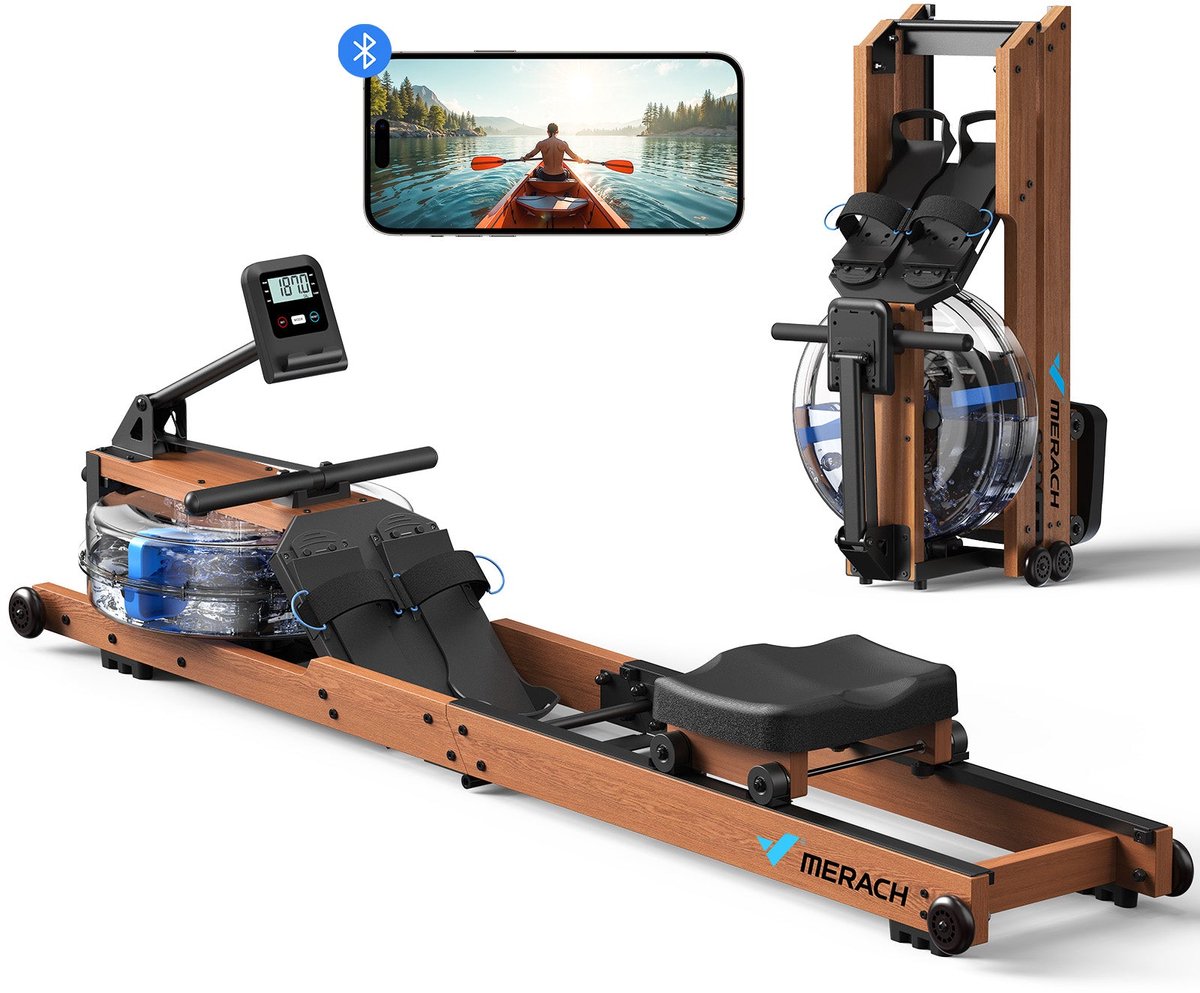 MERACH Roeitrainer waterweerstand - inklapbaar - Roeimachine van massief hout - Houten constructie - Dual-slide-rail - Kinomap-compatibel - Exclusieve Bluetooth app - Interactieve kaarten - Tabletstandaard - Eenvoudige montage - Belastbaar tot 180 kg - MERACH - €314,99