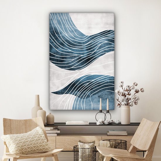 Tableau sur toile 80x120 cm - Décoration murale exclusive Lignes - Vagues - Abstrait - Blauw - Décoration murale salon - Décoration chambre - Accessoires chambre - Peintures sur toile