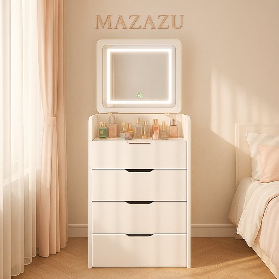 MAZAZU - Coiffeuse - Miroir LED - Tabouret - Table de Maquillage compacte - Wit - 120 x 48 x 40 cm