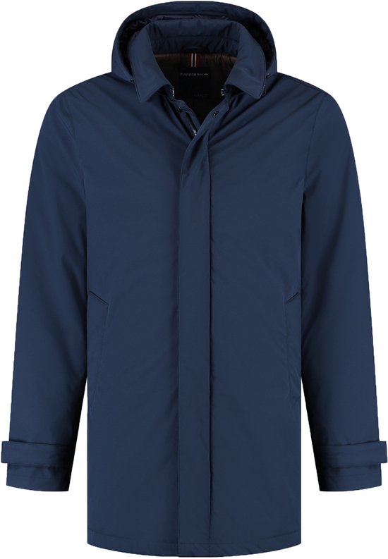 Donkerblauwe herenjas van polyester met capuchon. Lange mouwen met omgeslagen boorden.
