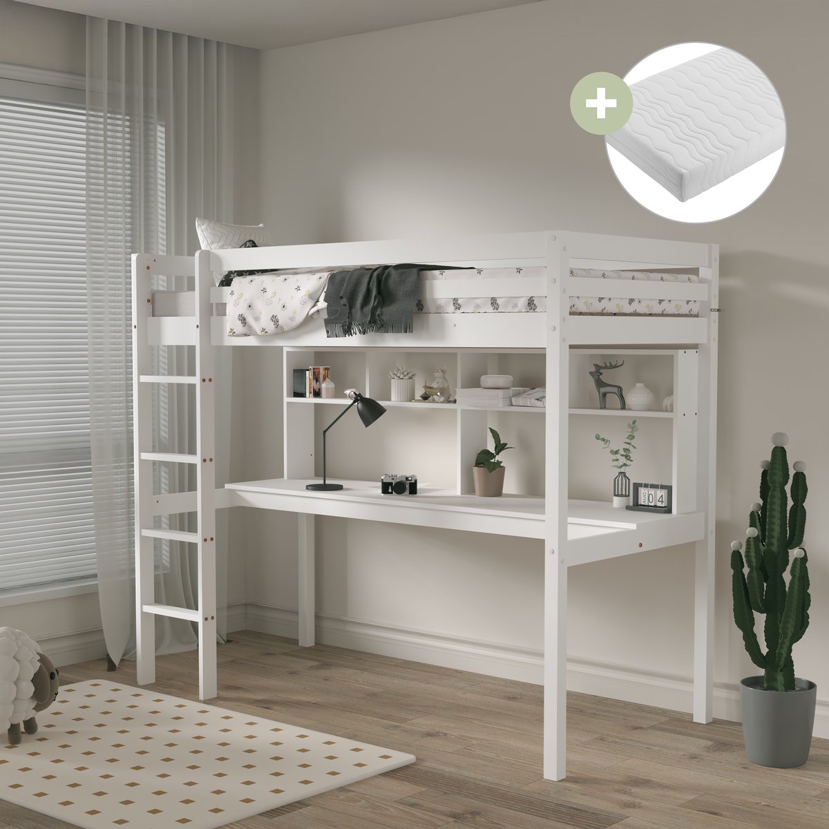 Sunny Sil Hoogslaper – Kinderbed Met Bureau – Met Boekenplank - Met Uitvalbeveiliging en rechte ladder - 208 x 97 x 172 cm – Peuterbed Meisjes en Jongens – 100% FSC Hout – Met Lattenbodem - Inclusief Matras – Wit