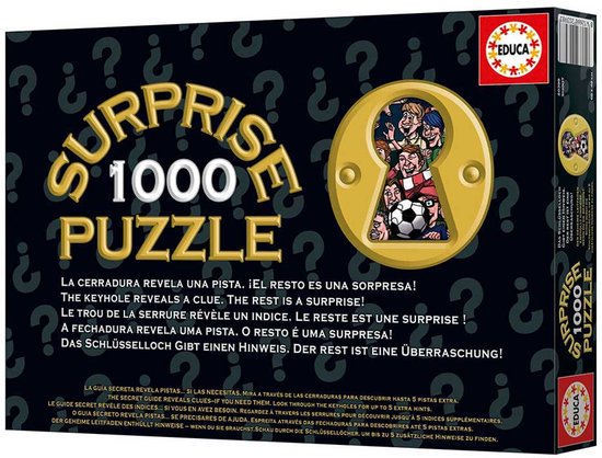 Doos van een Educa 1000-delige 'Surprise Puzzle' met de tekst "¡SORPRESA!", afbeelding van kinderen door een sleutelgat.