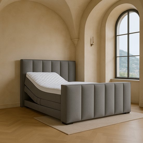 Boxspring Amalfi Elektrische verstelbaar met Luxe Pocketvering Stof 160x200 cm grijs Gratis 2x Hoofdkussens